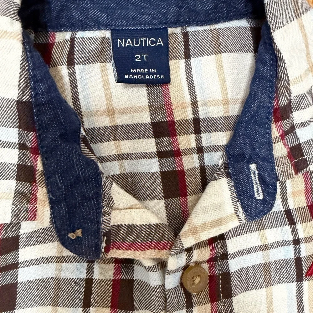Nautica Red T-Shirt and Plaid Shirt with Brown Pants Set (Size 2T)